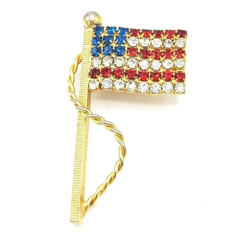Vintage Multicolor Brooch Brilliant Rhinestone US American Flag 2 Inch Pin go-41